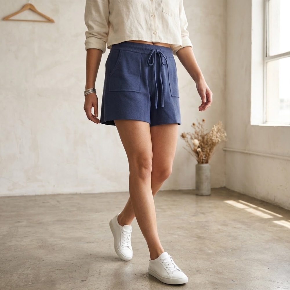 Navy Blue Women's 100% Cotton Lounge Shorts Elastic Waist Pockets Size XL
